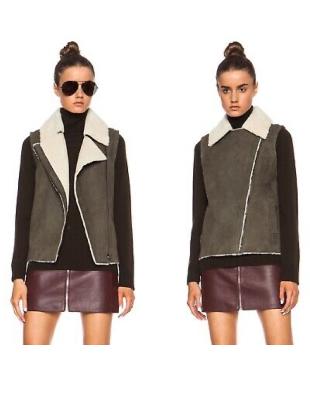 Vince Suede Shearling Vest - Olive with Cream Collar Size Large